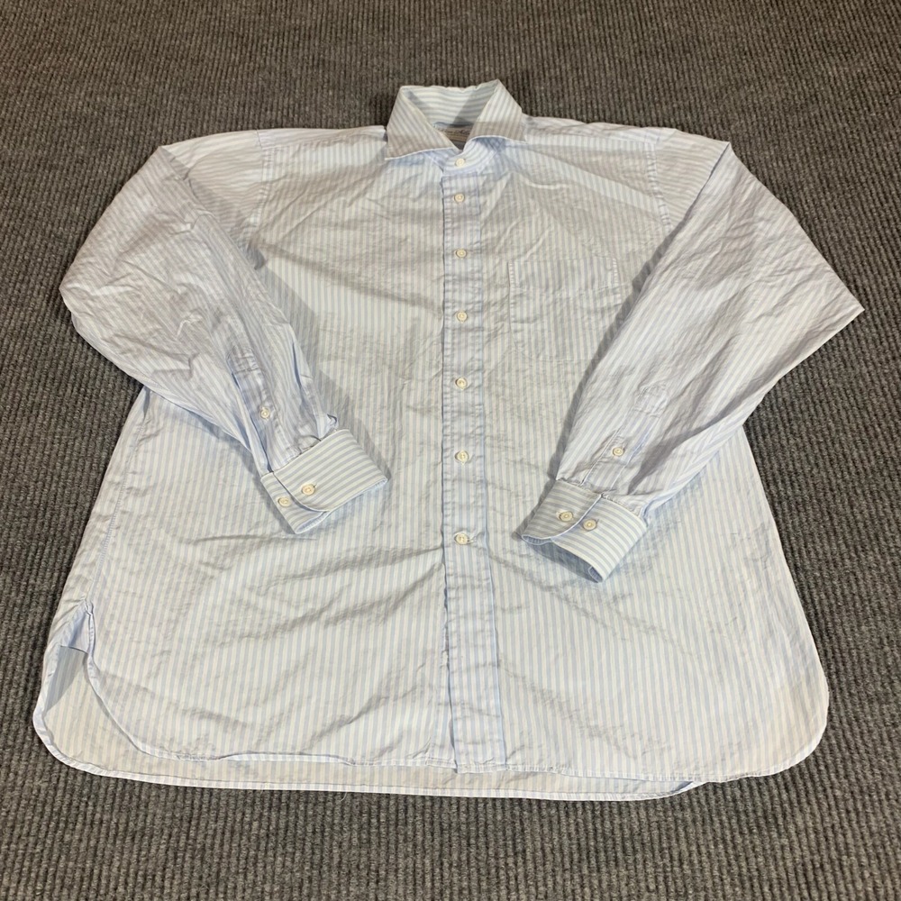 Ben Silver Shirt Mens 16.5 38 XL‎ Blue Striped Cotton Formal Wedding Dress Fine
